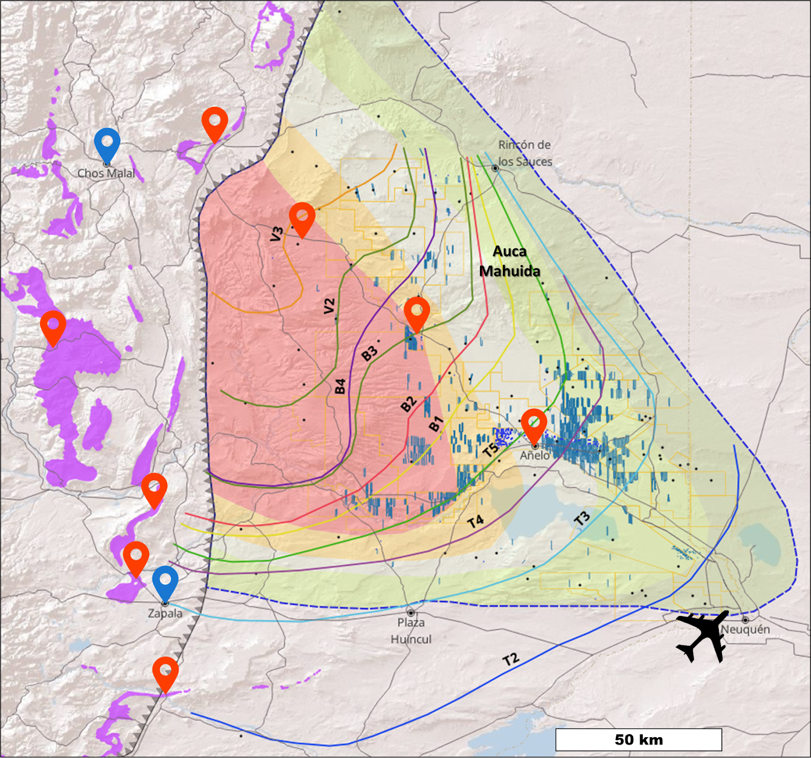 Mapa de recorrido del field trip — ubicación de las paradas principales en el norte de Neuquén sobre imagen satelital